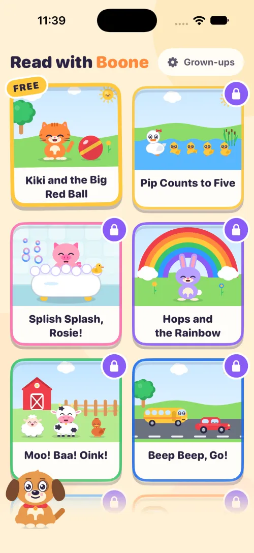 Kids book app bookshelf screen